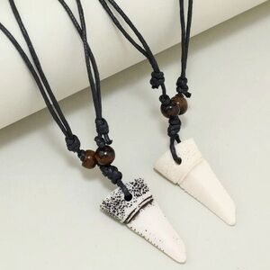 2 pcs Tribal Shark Tooth Pendant Necklace Set Surfer Cord Jewelry Men & Women